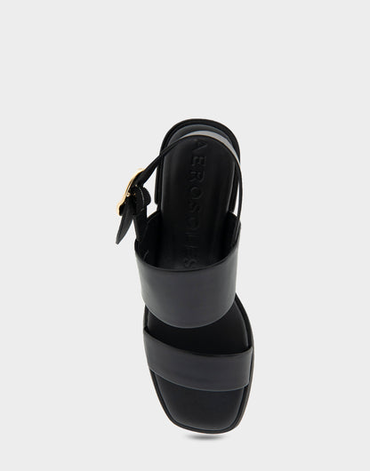 Aerosoles Banded Back Strap Low Block Heel Sandal in Black Faux Leather
